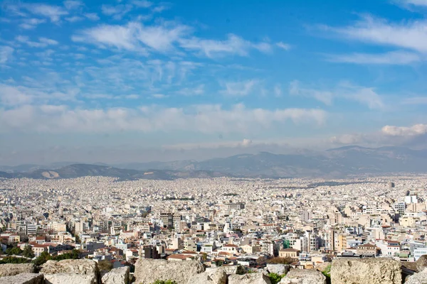 Atenas Vista Ciudad Con Edificios Blancos Con Montañas Con Cielo Fotos de stock