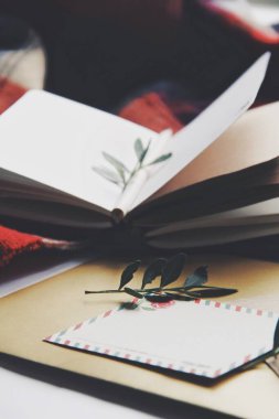 Açılmış kitap ve yapraklar, sonbahar evi konforu ve ılık ışık