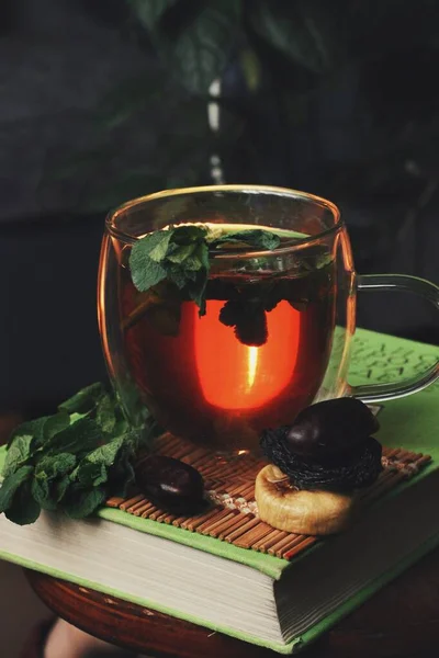 Light inside. Dark mystic and calm mood. Book and hot tea with mint and honey on table with green plant. Spring morning at home. Healthy drink. Education, spending time, inspiration while quarantine.