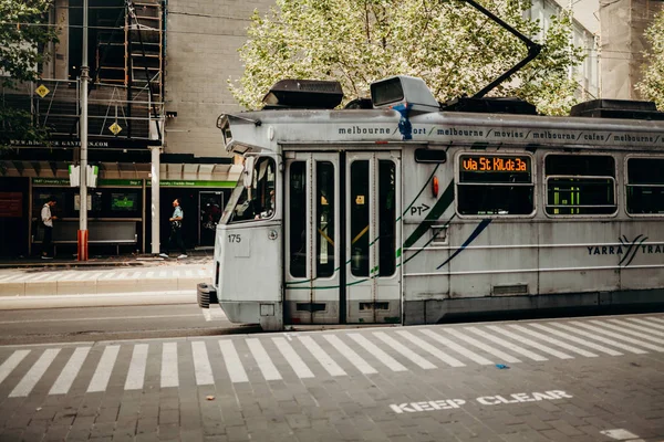 MELBOURNE, AUSTRALIA - March 11, 2017: Gray tram running along city centre in Melbourne, Australia. — Stock Photo, Image