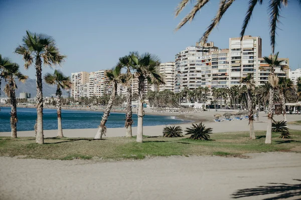 Praia de Malagueta em um dia ensolarado, com espreguiçadeiras e guarda-chuvas na areia . — Fotografia de Stock