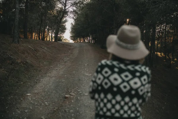 Pista de montaña y mujer caminando entre pinos en la naturaleza . — Foto de Stock