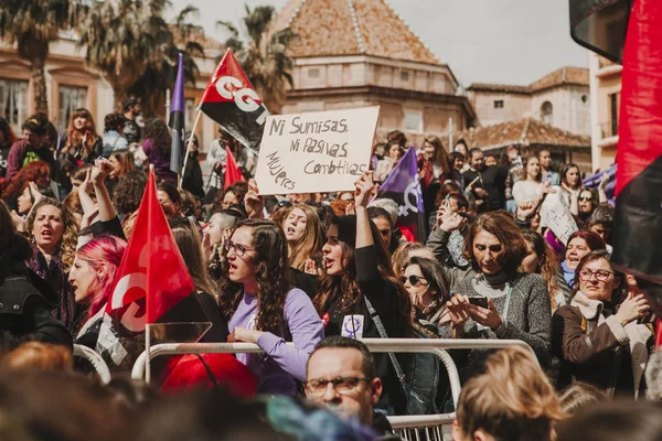 Malaga Espanha Março 2018 Milhares Mulheres Participam Greve Feminista Dia — Fotografia de Stock