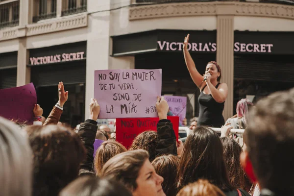 Malaga Espanha Março 2018 Milhares Mulheres Participam Greve Feminista Dia — Fotografia de Stock