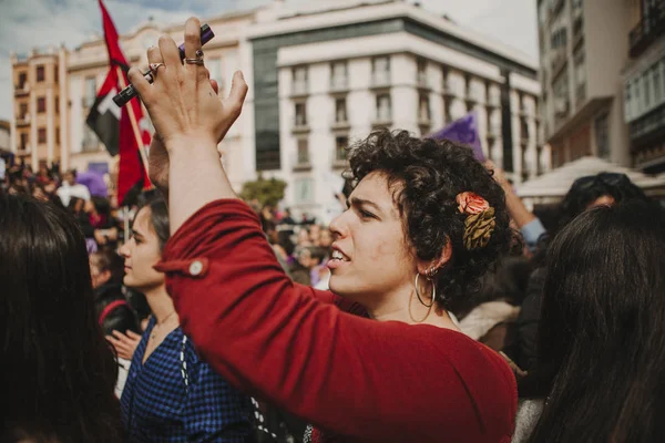 Malaga España Marzo 2018 Miles Mujeres Participan Huelga Feminista Día — Foto de Stock