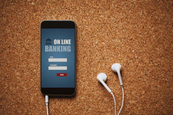 Online-Banking-App auf einem Smartphone-Bildschirm. Mobile Banking-Konzept. — Stockbild Mobiltelefon mit mobiler Banking-App auf dem Bildschirm, weißen Kopfhörern und Kopierplatz. — Stockfoto