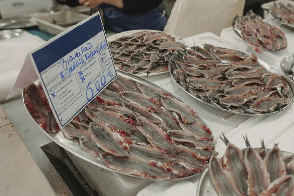 Anchoas frescas crudas limpias en el mercado de pescado . —  Fotos de Stock