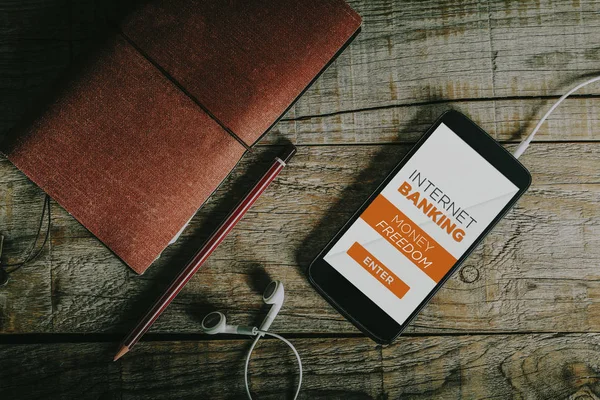 Top View Cell Phone Internet Banking Service App Screen Мобильный — стоковое фото
