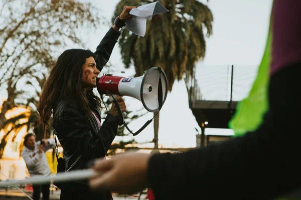 Malaga Spain March 2020 Young Woman Shouting Megaphone Hand Feminist — Stock fotografie