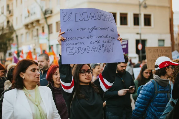 Malaga Spain March 2020 Woman Showing Feminist Banner Feminist Strike — Zdjęcie stockowe