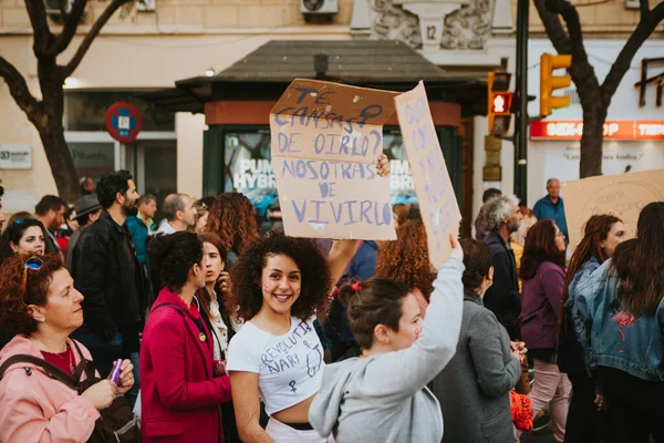 Malaga España Marzo 2020 Mujer Con Pancartas Feministas Durante Huelga — Foto de Stock