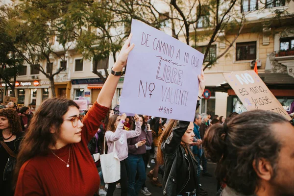 Malaga Spain March 2020 Woman Showing Feminist Banners Feminist Strike — Stockfoto