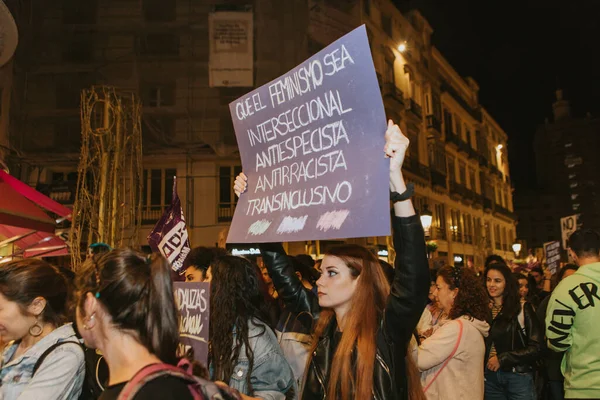 Malaga España Marzo 2020 Las Personas Que Muestran Pancartas Feministas — Foto de Stock