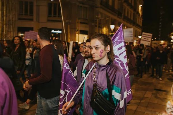 Malaga Spain March 2020 People Showing Feminist Banners Protest Placards — Φωτογραφία Αρχείου