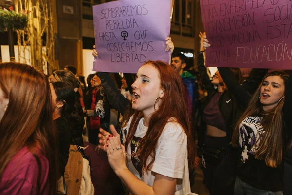 Malaga Spain March 2020 People Showing Feminist Banners Protest Placards — Zdjęcie stockowe