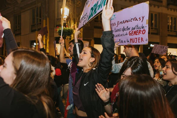 Malaga Spain March 2020 People Showing Feminist Banners Protest Placards — 스톡 사진