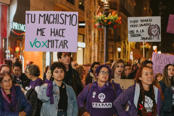 Malaga Spain March 2020 People Showing Feminist Banners Protest Placards — Stok fotoğraf