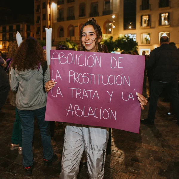 Malaga Spain March 2020 People Showing Feminist Banners Protest Placards — Stok fotoğraf