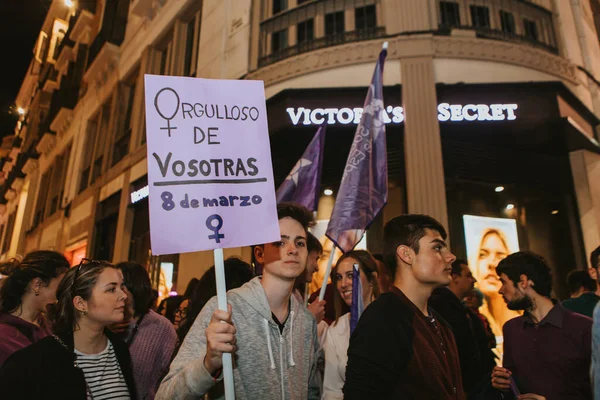 Malaga Spagna Marzo 2020 Persone Che Mostrano Striscioni Femministi Cartelli — Foto Stock