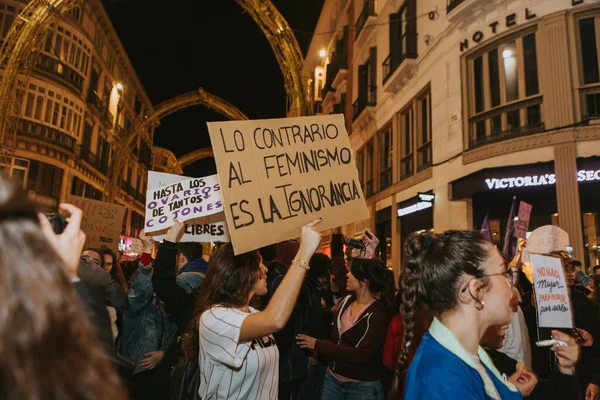 Malaga Spain March 2020 People Showing Feminist Banners Protest Placards — Stock Photo, Image