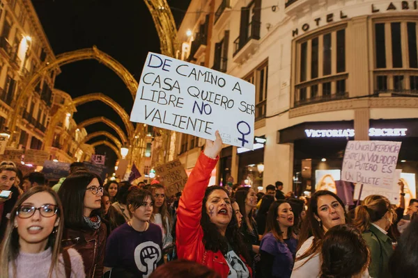 Malaga Spain March 2020 People Showing Feminist Banners Protest Placards — Stok fotoğraf