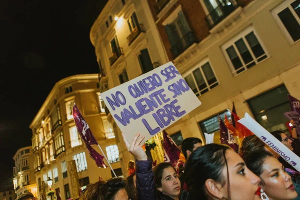 Malaga Spain March 2020 People Celebrating Woman Day Banners Placards — Stockfoto
