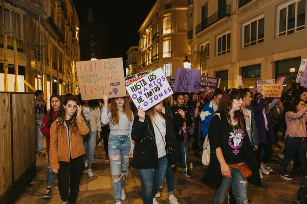 Malaga Spain March 2020 People Celebrating Woman Day Banners Placards — 图库照片