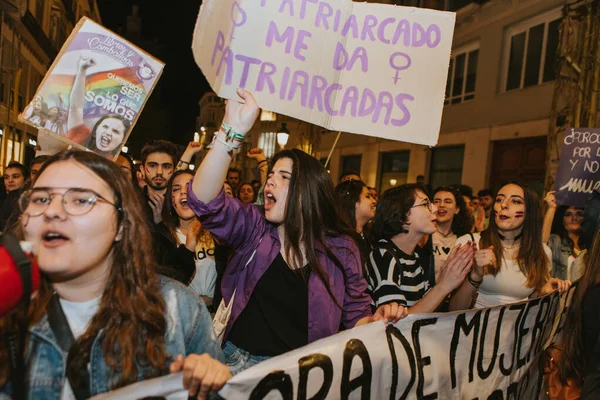 Malaga Spain March 2020 People Celebrating Woman Day Banners Placards — Stok fotoğraf