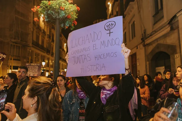 Malaga Spain March 2020 People Celebrating Woman Day Banners Placards — Zdjęcie stockowe