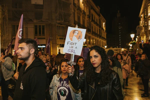 Malaga Spain March 2020 People Celebrating Woman Day Banners Placards — 스톡 사진