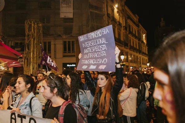 Malaga Spain March 2020 People Celebrating Woman Day Banners Placards — 스톡 사진