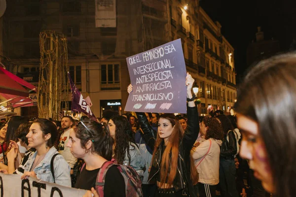 Malaga Spain March 2020 People Celebrating Woman Day Banners Placards — Φωτογραφία Αρχείου