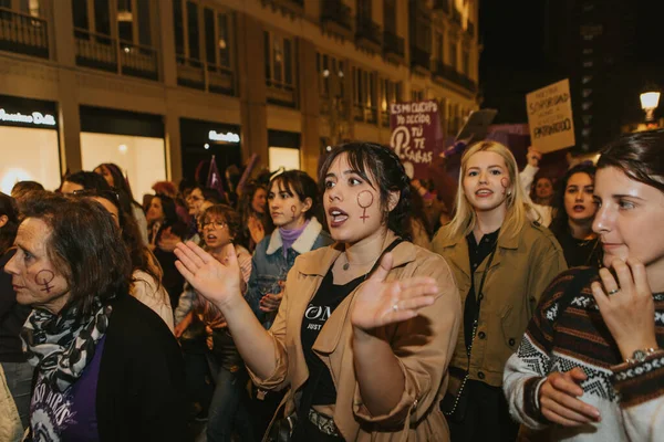 Malaga Spain March 2020 People Celebrating Woman Day Banners Placards — 스톡 사진