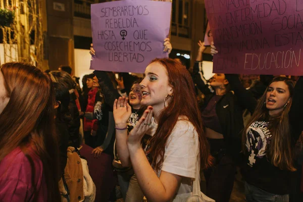 Malaga Spain March 2020 People Celebrating Woman Day Banners Placards — 스톡 사진