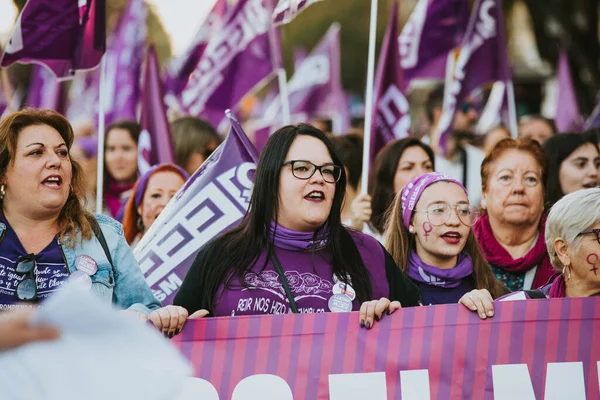 Malaga Spain March 2020 People Celebrating Woman Day Banners Placards — 스톡 사진