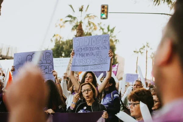 Malaga Spain March 2020 People Celebrating Woman Day Banners Placards — Stock Photo, Image
