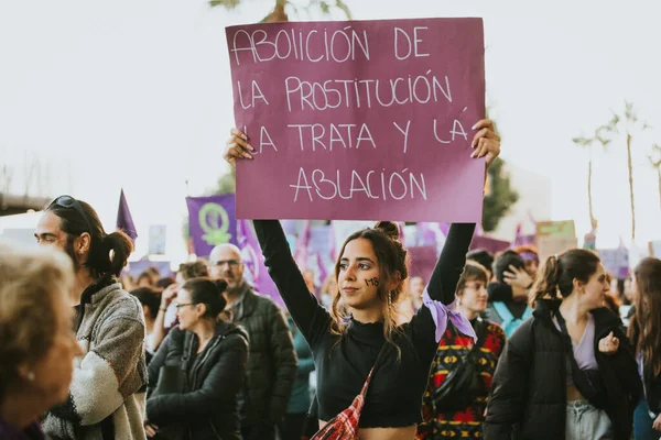 Malaga Spain March 2020 People Celebrating Woman Day Banners Placards — 스톡 사진