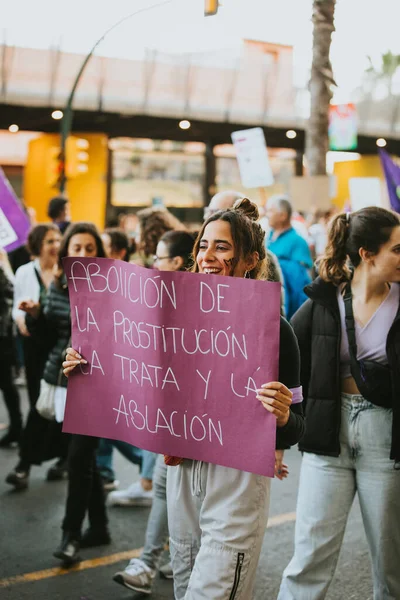 Malaga Spain March 2020 People Celebrating Woman Day Banners Placards — Stock fotografie