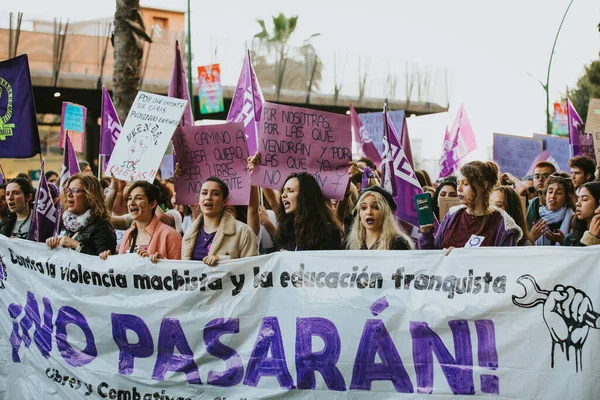 Malaga Spain March 2020 People Celebrating Woman Day Banners Placards — Stock Photo, Image