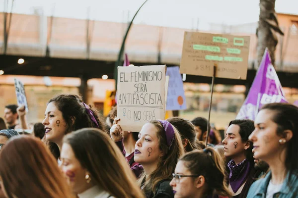 Malaga Spain March 2020 People Celebrating Woman Day Banners Placards — Stock Fotó