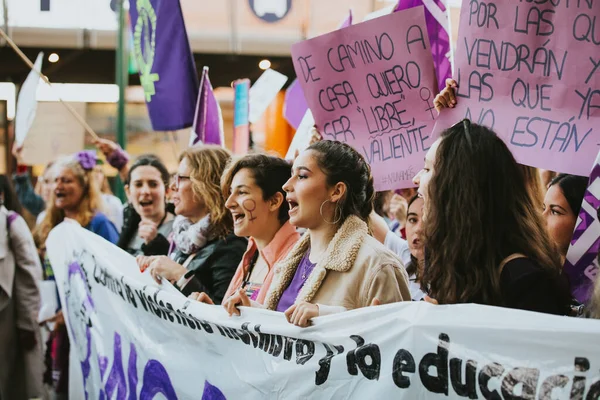 Malaga Spain March 2020 People Celebrating Woman Day Banners Placards — 스톡 사진