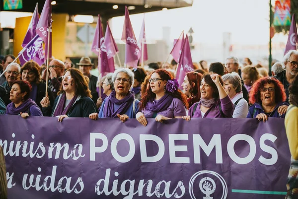 Malaga Spain March 2020 People Celebrating Woman Day Banners Placards — 스톡 사진