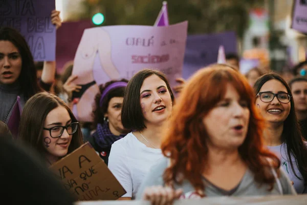 Malaga Spain March 2020 People Celebrating Woman Day Banners Placards — 스톡 사진