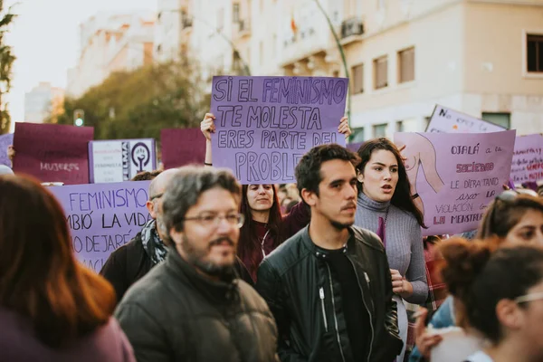 Malaga Spain March 2020 People Celebrating Woman Day Banners Placards — Φωτογραφία Αρχείου