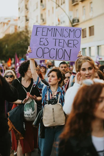 Malaga Spain March 2020 People Celebrating Woman Day Banners Placards — Stok fotoğraf