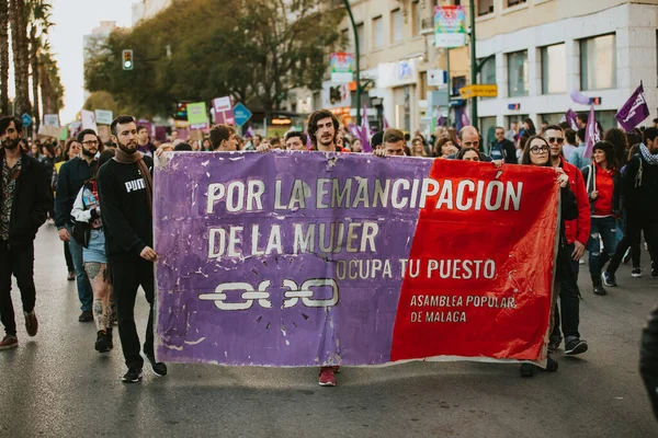 Malaga Spain March 2020 People Celebrating Woman Day Banners Placards — стокове фото