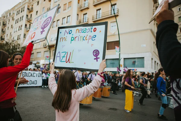 Malaga Spain March 2020 People Celebrating Woman Day Banners Placards — 스톡 사진
