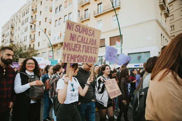 Malaga Spain March 2020 People Celebrating Woman Day Banners Placards — 스톡 사진