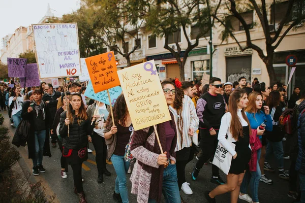 Malaga Spain March 2020 People Celebrating Woman Day Banners Placards — Stock fotografie