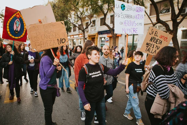 Malaga Spain March 2020 People Celebrating Woman Day Banners Placards — Stock fotografie